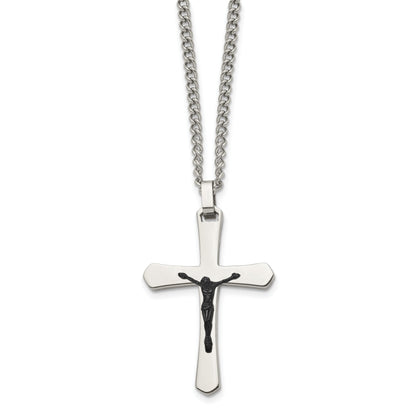 Stainless Steel Chisel Polished Black Ip-Plated Crucifix Pendant On A 24 Inch Curb Chain Necklace