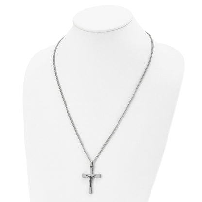 Stainless Steel Chisel Polished Black Ip-Plated Crucifix Pendant On A 24 Inch Curb Chain Necklace