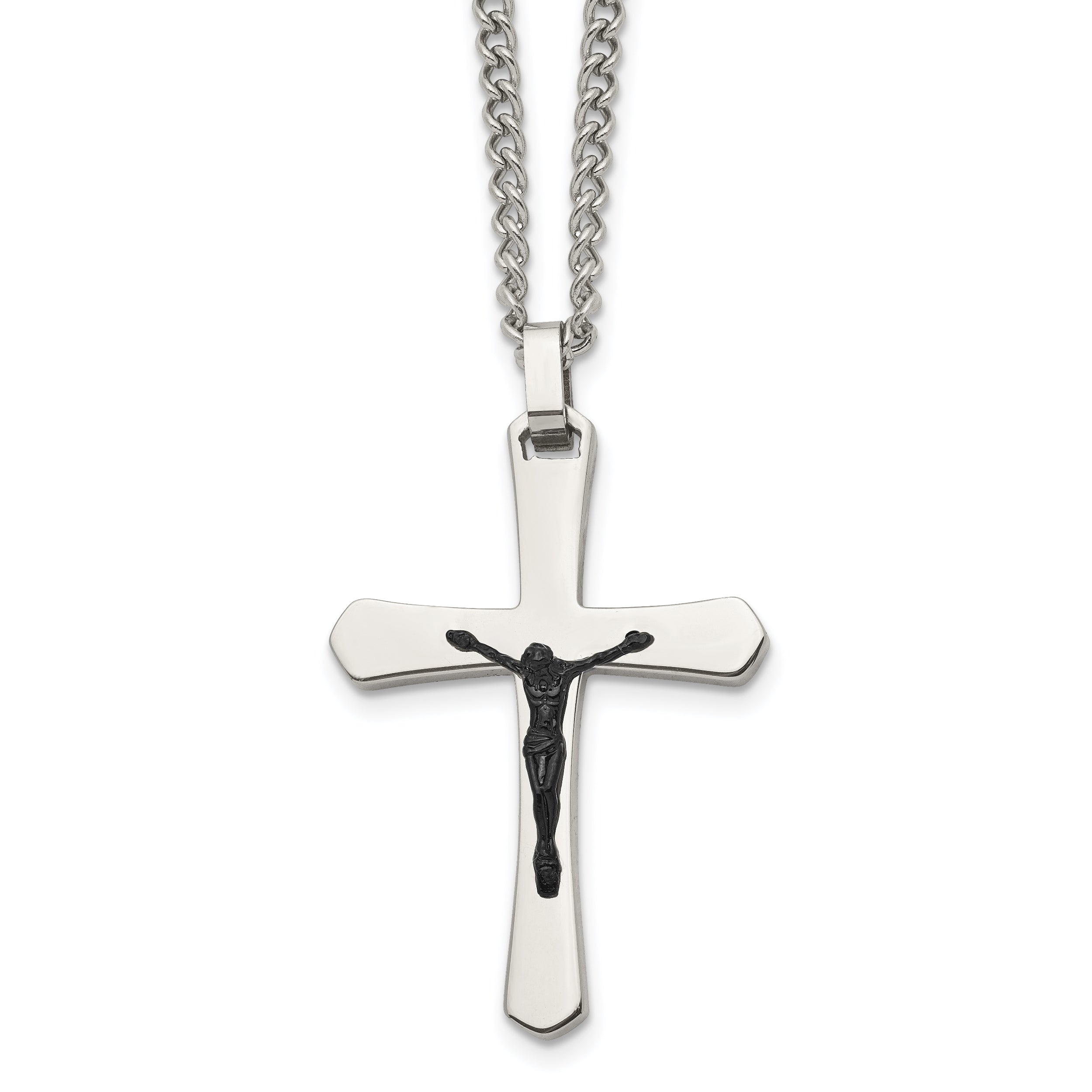 Stainless Steel Chisel Polished Black Ip-Plated Crucifix Pendant On A 24 Inch Curb Chain Necklace