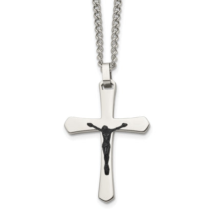 Stainless Steel Chisel Polished Black Ip-Plated Crucifix Pendant On A 24 Inch Curb Chain Necklace