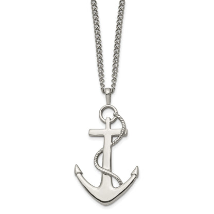 Stainless Steel Chisel Polished Anchor Pendant On A 24 Inch Curb Chain Necklace