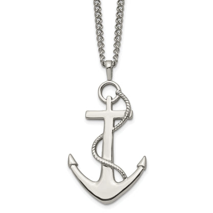 Stainless Steel Chisel Polished Anchor Pendant On A 24 Inch Curb Chain Necklace