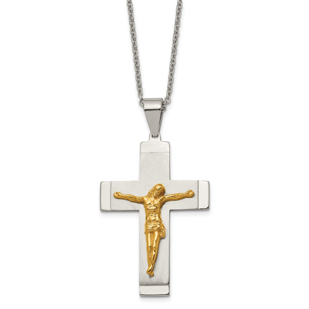 Stainless Steel Chisel Brushed And Polished Yellow Ip-Plated Crucifix Pendant On A 20 Inch Curb Chain Necklace