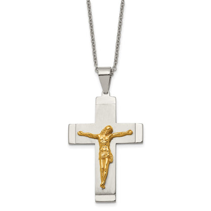 Stainless Steel Chisel Brushed And Polished Yellow Ip-Plated Crucifix Pendant On A 20 Inch Curb Chain Necklace