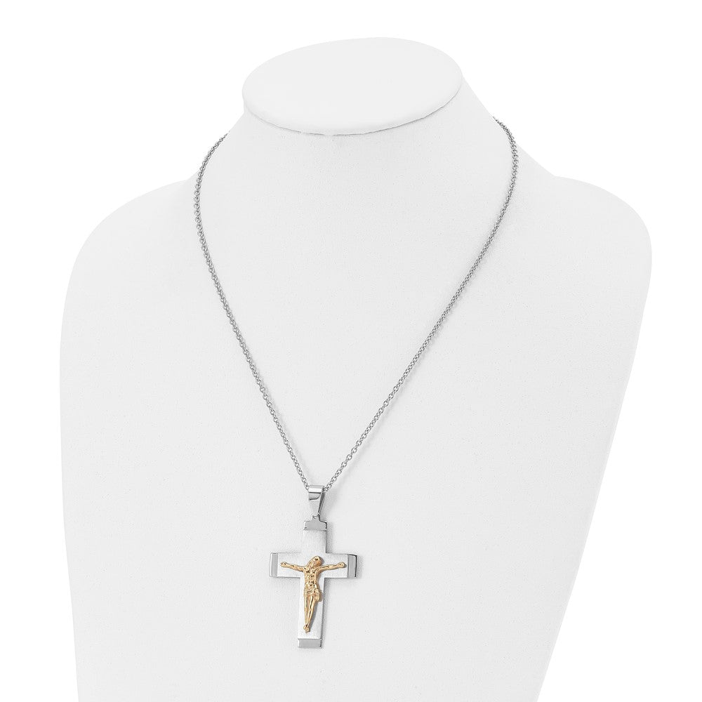 Stainless Steel Chisel Brushed And Polished Yellow Ip-Plated Crucifix Pendant On A 20 Inch Curb Chain Necklace