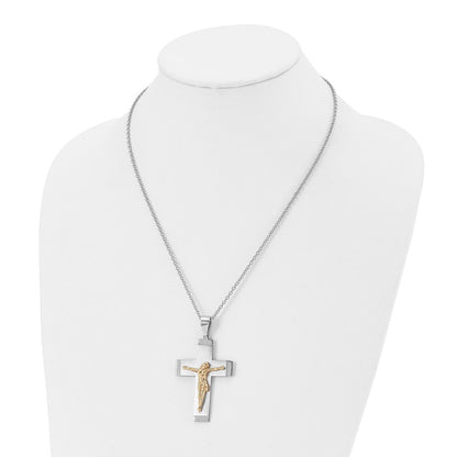Stainless Steel Chisel Brushed And Polished Yellow Ip-Plated Crucifix Pendant On A 20 Inch Curb Chain Necklace