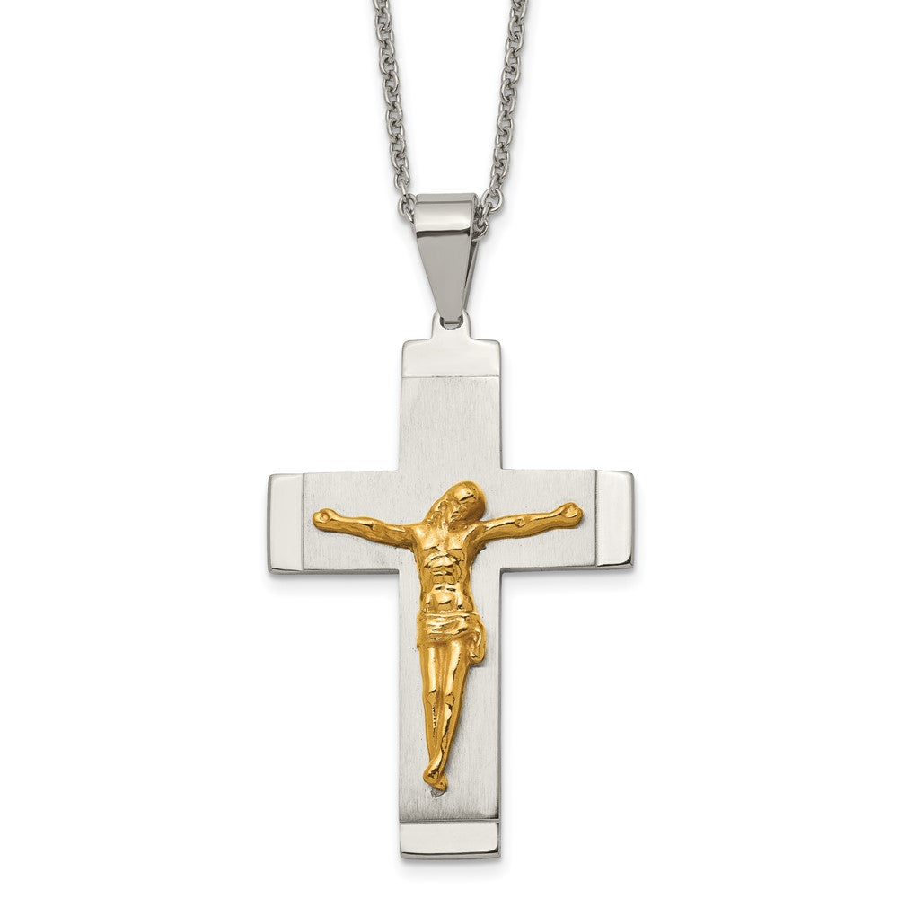 Stainless Steel Chisel Brushed And Polished Yellow Ip-Plated Crucifix Pendant On A 20 Inch Curb Chain Necklace