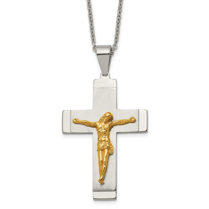 Stainless Steel Chisel Brushed And Polished Yellow Ip-Plated Crucifix Pendant On A 20 Inch Curb Chain Necklace