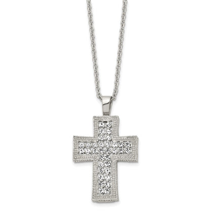 Stainless Steel Polished W/Crystal Cross 24In Necklace