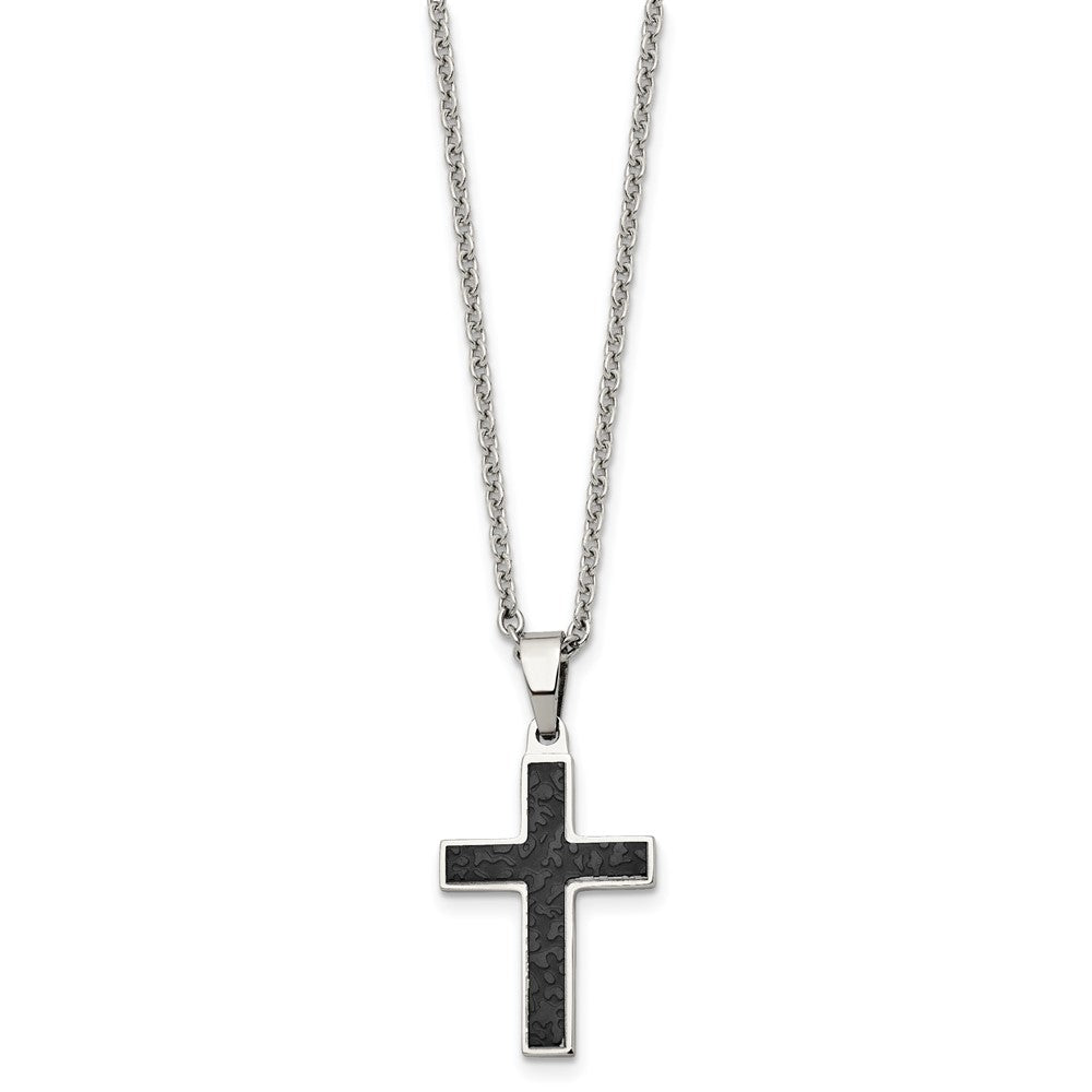 Stainless Steel Chisel Polished And Textured Black Ip-Plated Cross Pendant On A 24 Inch Cable Chain Necklace