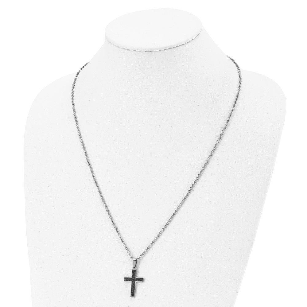 Stainless Steel Chisel Polished And Textured Black Ip-Plated Cross Pendant On A 24 Inch Cable Chain Necklace