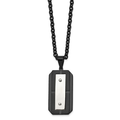Stainless Steel Chisel Brushed And Polished Black Ip-Plated Dog Tag On A 24 Inch Cable Chain Necklace