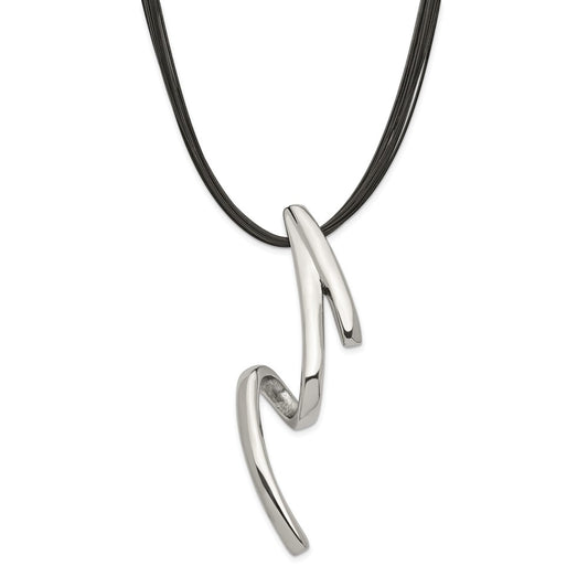 Stainless Steel Fancy Pendant On Black Wire Cord Necklace