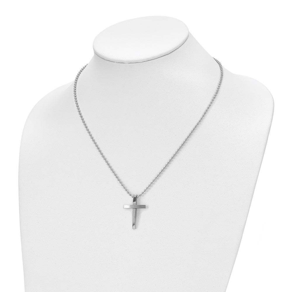 Stainless Steel Chisel Brushed And Polished Cross Pendant On An 18 Inch Ball Chain Necklace