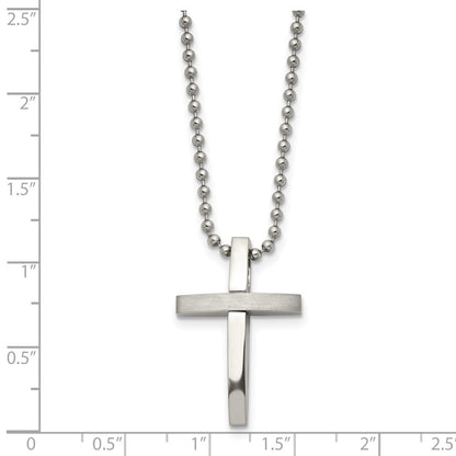 Stainless Steel Chisel Brushed And Polished Cross Pendant On An 18 Inch Ball Chain Necklace