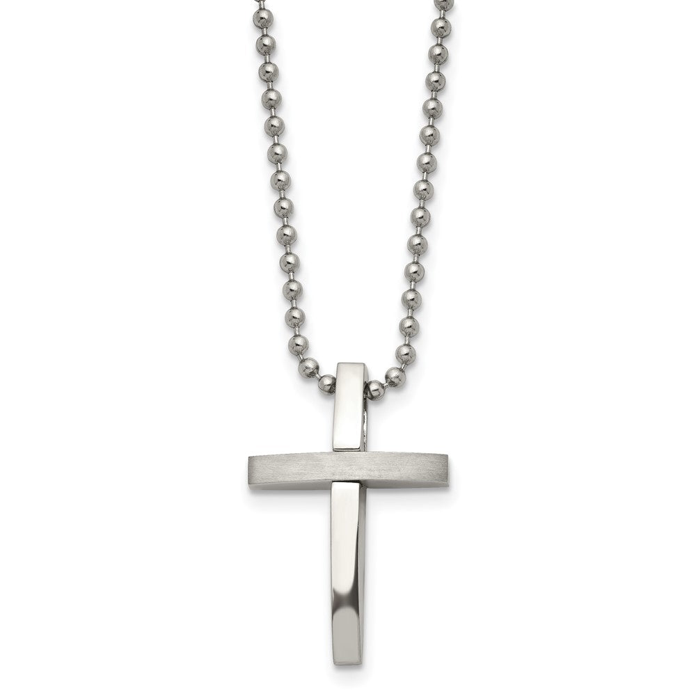 Stainless Steel Chisel Brushed And Polished Cross Pendant On An 18 Inch Ball Chain Necklace