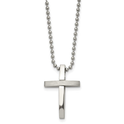 Stainless Steel Chisel Brushed And Polished Cross Pendant On An 18 Inch Ball Chain Necklace