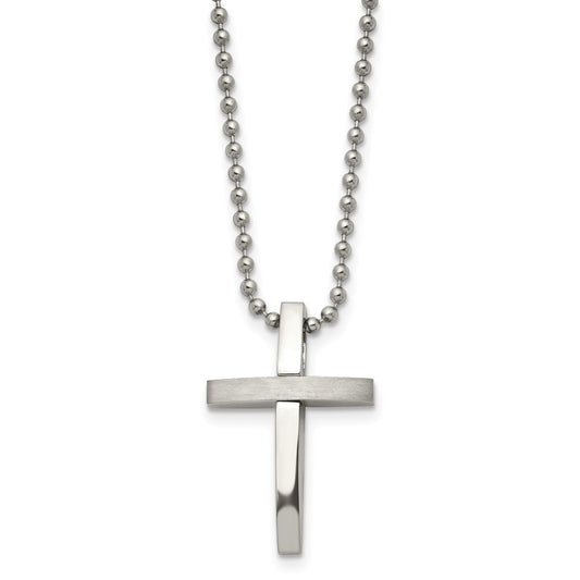 Stainless Steel Chisel Brushed And Polished Cross Pendant On An 18 Inch Ball Chain Necklace