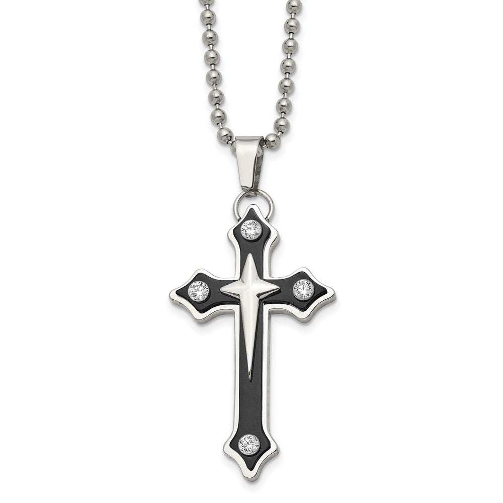 Stainless Steel Chisel Polished Black Ip-Plated With Cz Cross Pendant On A 20 Inch Ball Chain Necklace
