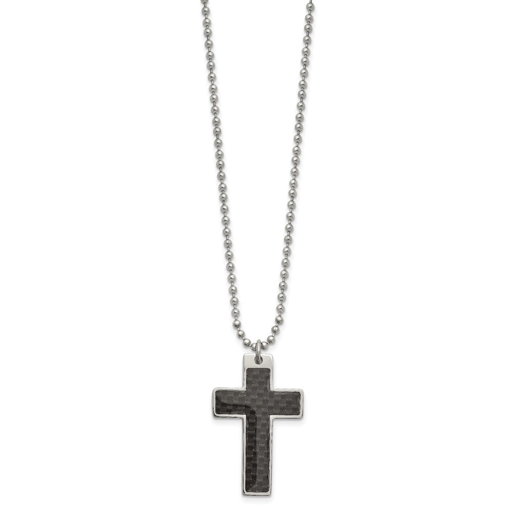 Stainless Steel Chisel Polished With Black Carbon Fiber Inlay Cross Pendant On A 20 Inch Ball Chain Necklace