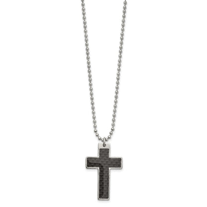 Stainless Steel Chisel Polished With Black Carbon Fiber Inlay Cross Pendant On A 20 Inch Ball Chain Necklace