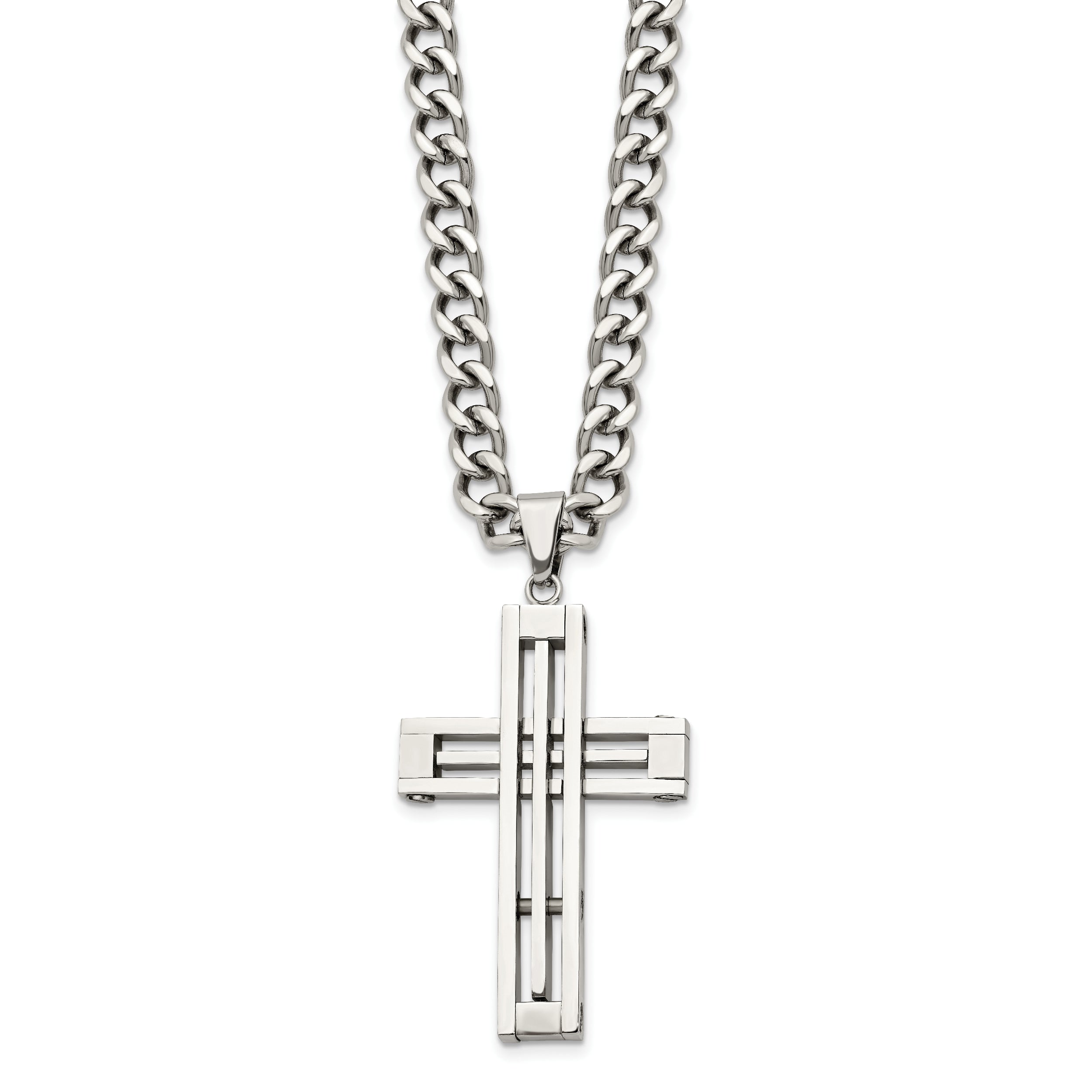 Stainless Steel Chisel Polished Cross Pendant On A 22 Inch Curb Chain Necklace