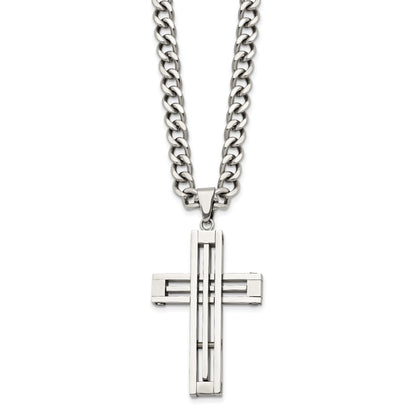 Stainless Steel Chisel Polished Cross Pendant On A 22 Inch Curb Chain Necklace