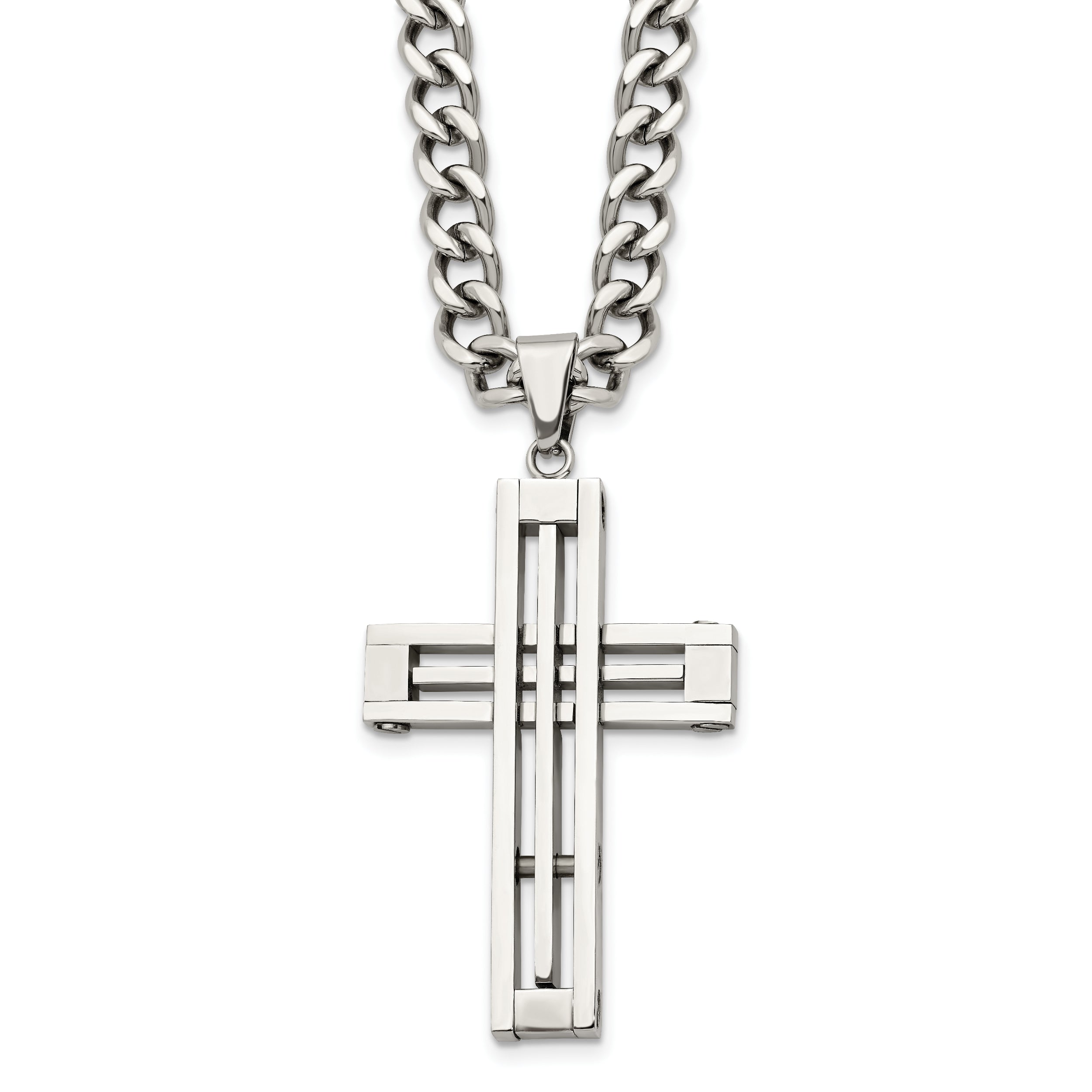 Stainless Steel Chisel Polished Cross Pendant On A 22 Inch Curb Chain Necklace