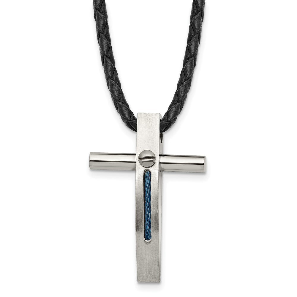Stainless Steel Chisel Brushed And Polished Blue Ip-Plated Cable Cross Pendant On An 18 Inch Leather Cord Necklace