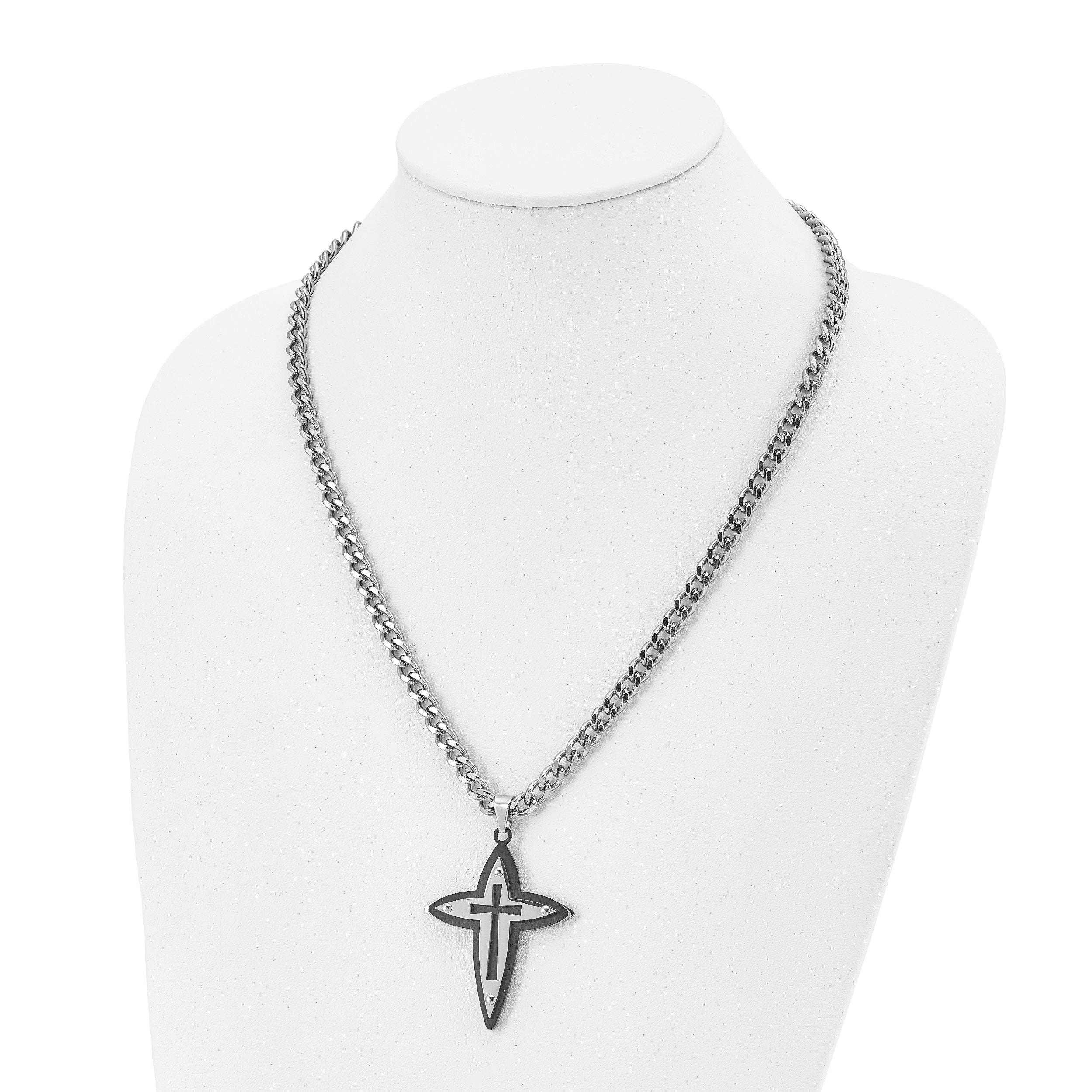 Stainless Steel Chisel Polished Black Ip-Plated Cross Pendant On A 22 Inch Curb Chain Necklace
