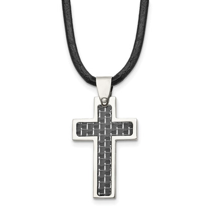 Stainless Steel Chisel Polished With Black Carbon Fiber Inlay Cross Pendant On An 18 Inch Leather Cord Necklace