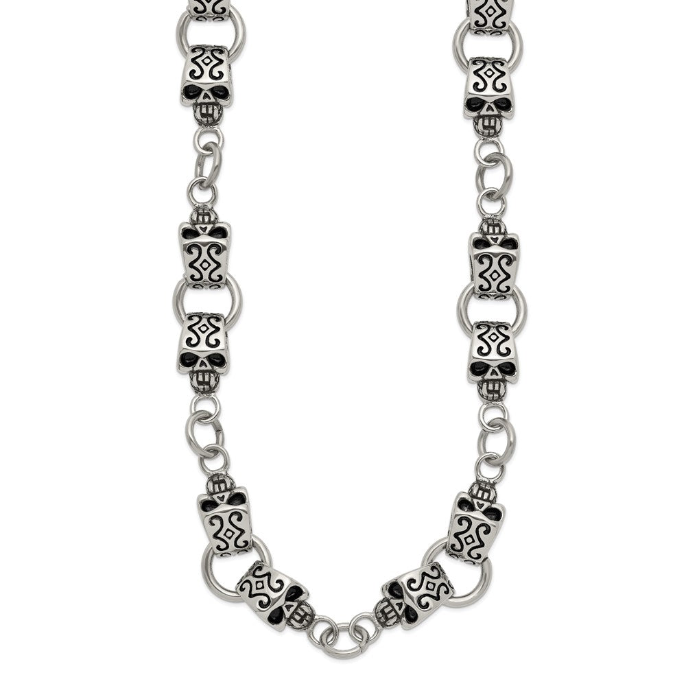 Stainless Steel Chisel Antiqued And Polished Skull 24 Inch Necklace