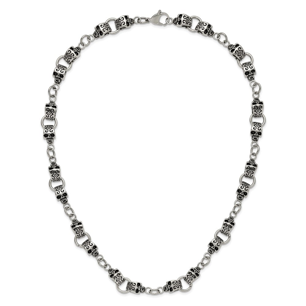 Stainless Steel Chisel Antiqued And Polished Skull 24 Inch Necklace