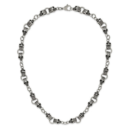 Stainless Steel Chisel Antiqued And Polished Skull 24 Inch Necklace