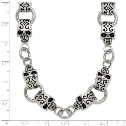 Stainless Steel Chisel Antiqued And Polished Skull 24 Inch Necklace
