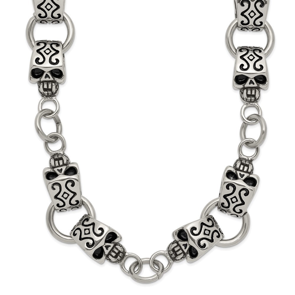 Stainless Steel Chisel Antiqued And Polished Skull 24 Inch Necklace