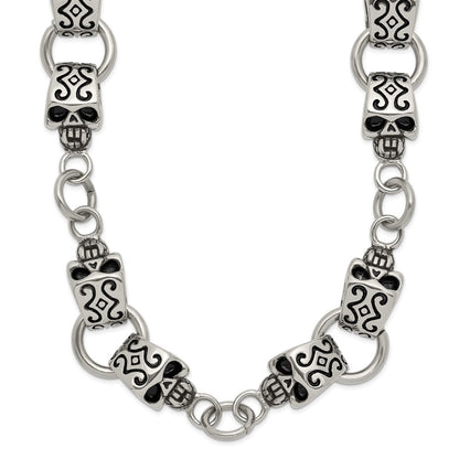 Stainless Steel Chisel Antiqued And Polished Skull 24 Inch Necklace