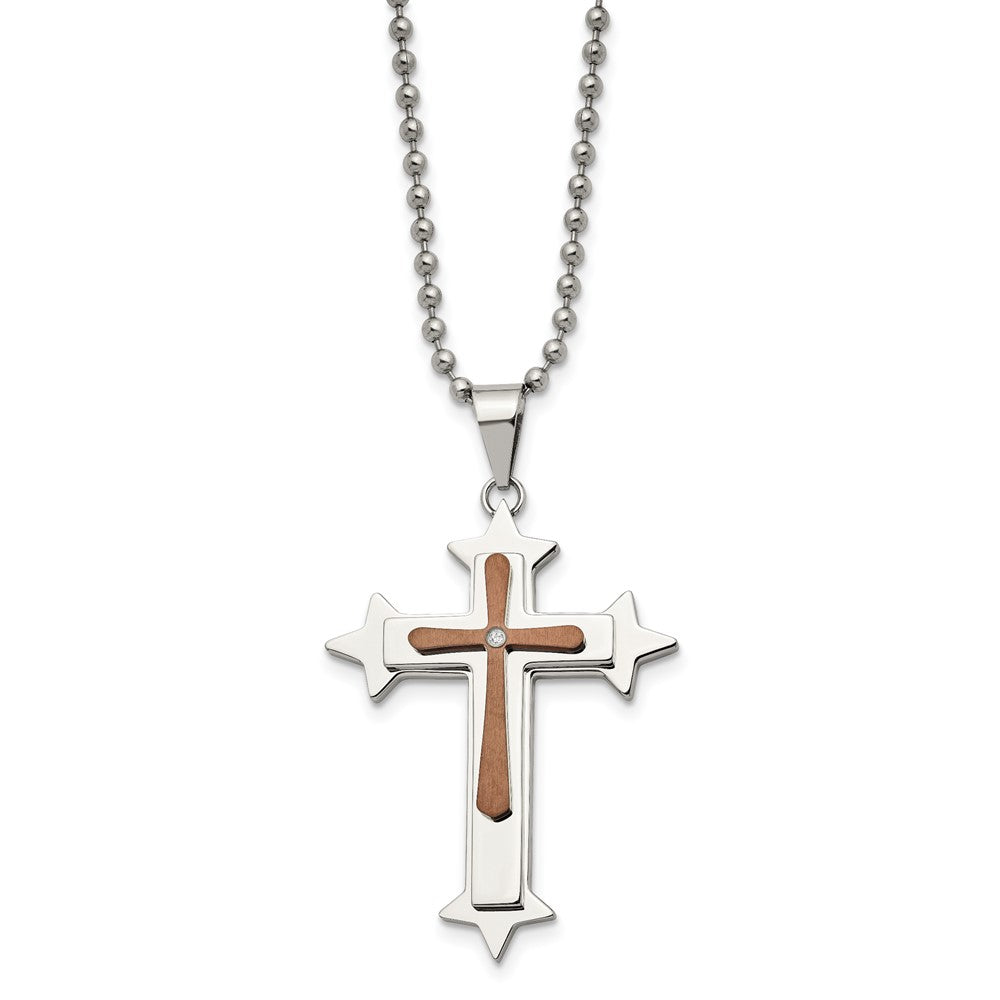 Stainless Steel Chisel Polished Brown Ip-Plated Diamond Accent Cross Pendant On A 24 Inch Ball Chain Necklace