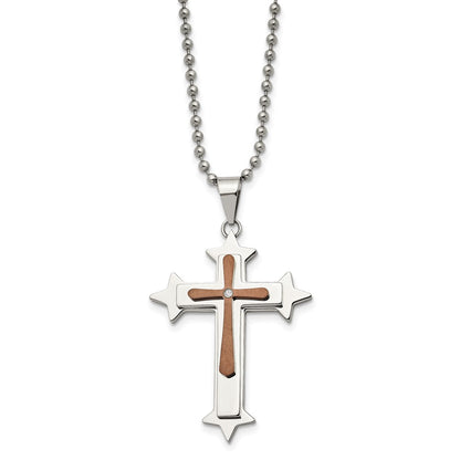 Stainless Steel Chisel Polished Brown Ip-Plated Diamond Accent Cross Pendant On A 24 Inch Ball Chain Necklace