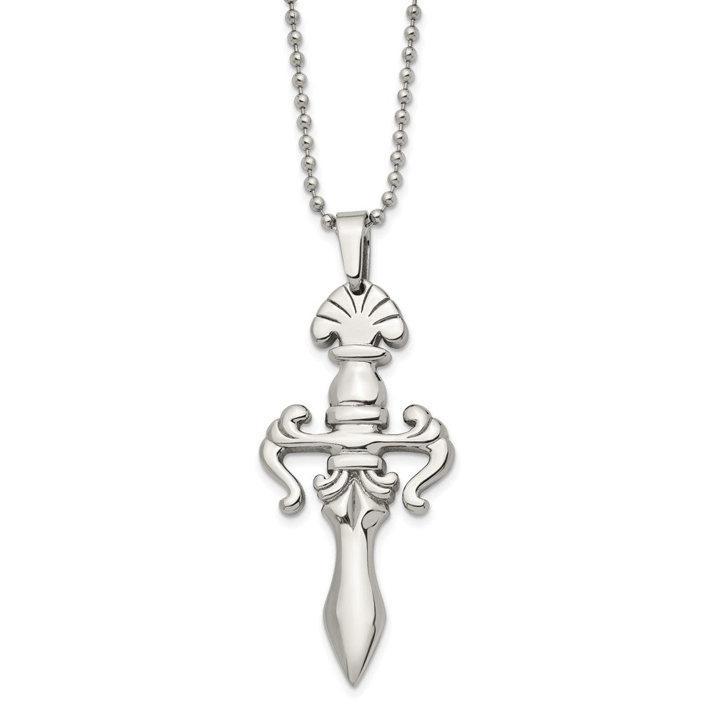 Stainless Steel Chisel Polished Dagger Pendant On A 24 Inch Ball Chain Necklace