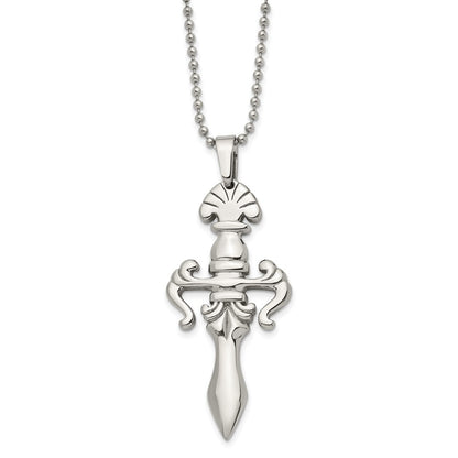 Stainless Steel Chisel Polished Dagger Pendant On A 24 Inch Ball Chain Necklace