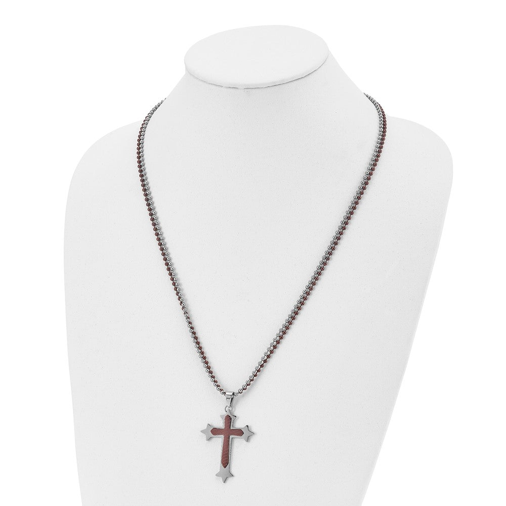 Stainless Steel Chisel Polished Brown Ip-Plated Cross Pendant On 24 Inch Double Ball Chain Necklace