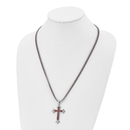 Stainless Steel Chisel Polished Brown Ip-Plated Cross Pendant On 24 Inch Double Ball Chain Necklace