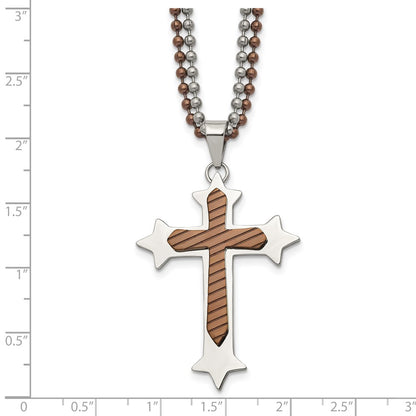 Stainless Steel Chisel Polished Brown Ip-Plated Cross Pendant On 24 Inch Double Ball Chain Necklace
