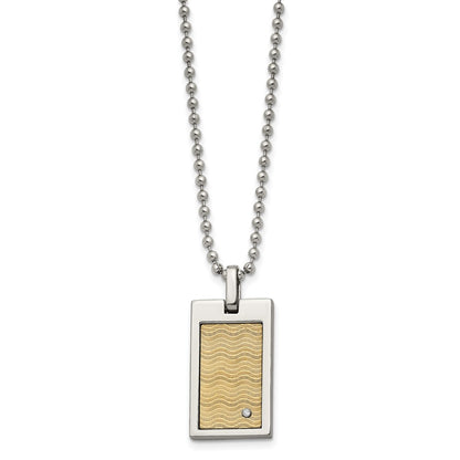 Stainless Steel Chisel Brushed And Polished With 18K Gold Accent .01Carat Diamond Pendant On A 24 Inch Ball Chain Necklace