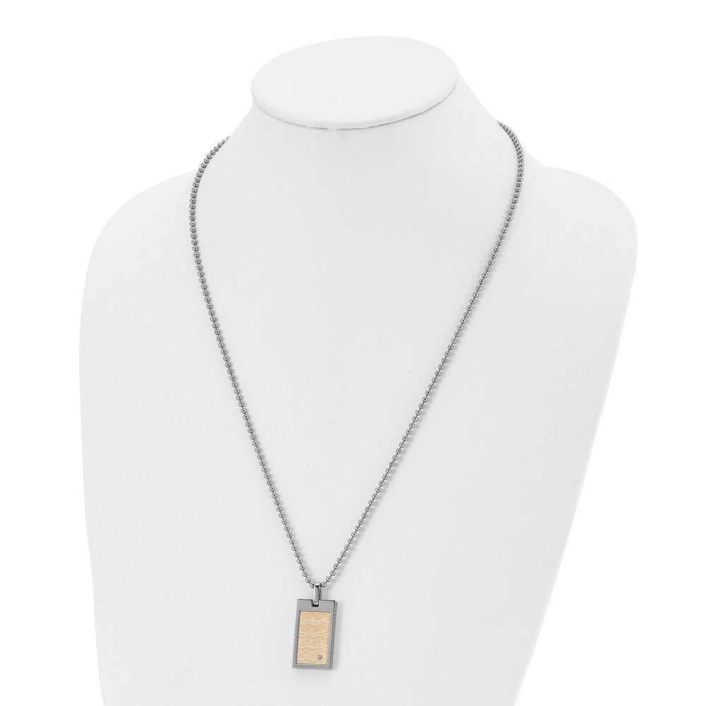 Stainless Steel Chisel Brushed And Polished With 18K Gold Accent .01Carat Diamond Pendant On A 24 Inch Ball Chain Necklace