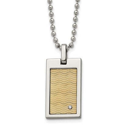 Stainless Steel Chisel Brushed And Polished With 18K Gold Accent .01Carat Diamond Pendant On A 24 Inch Ball Chain Necklace