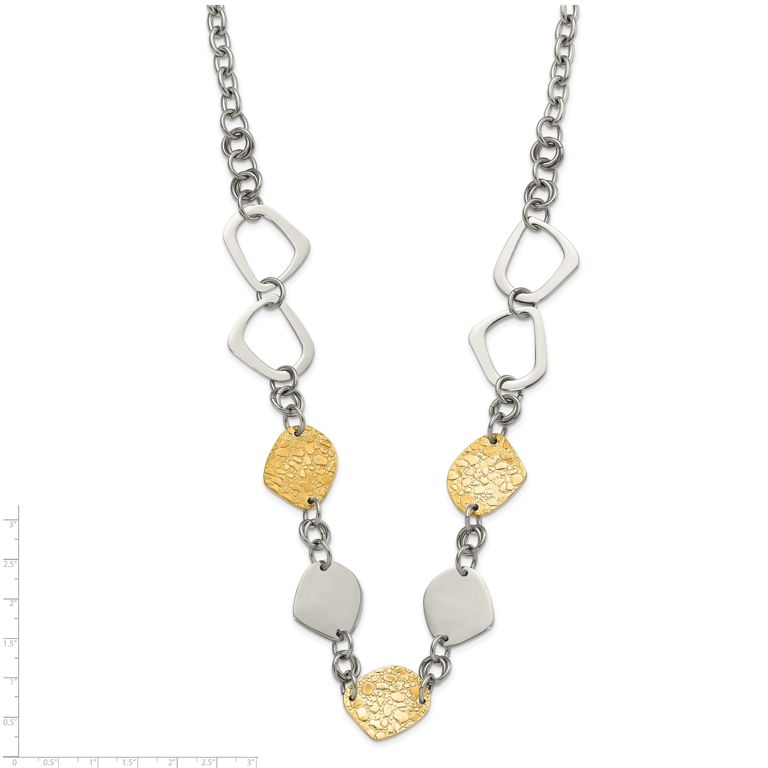 Stainless Steel Yellow Ip-Plated Polished & Pebbled Fancy Link Necklace