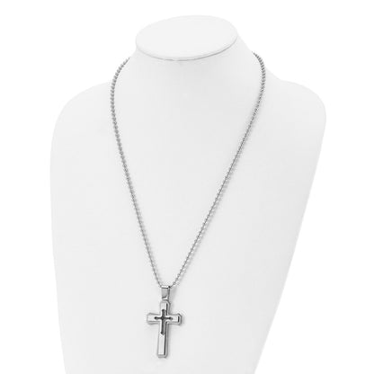 Stainless Steel Chisel Brushed And Polished With Black Rubber Cross Pendant On A 24 Inch Ball Chain Necklace