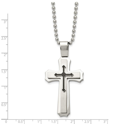Stainless Steel Chisel Brushed And Polished With Black Rubber Cross Pendant On A 24 Inch Ball Chain Necklace